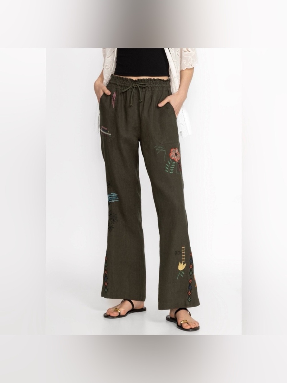 Johnny Was Biya Simmie Linen Pants Embroidered Wide Leg Beach Pockets Sz XL
